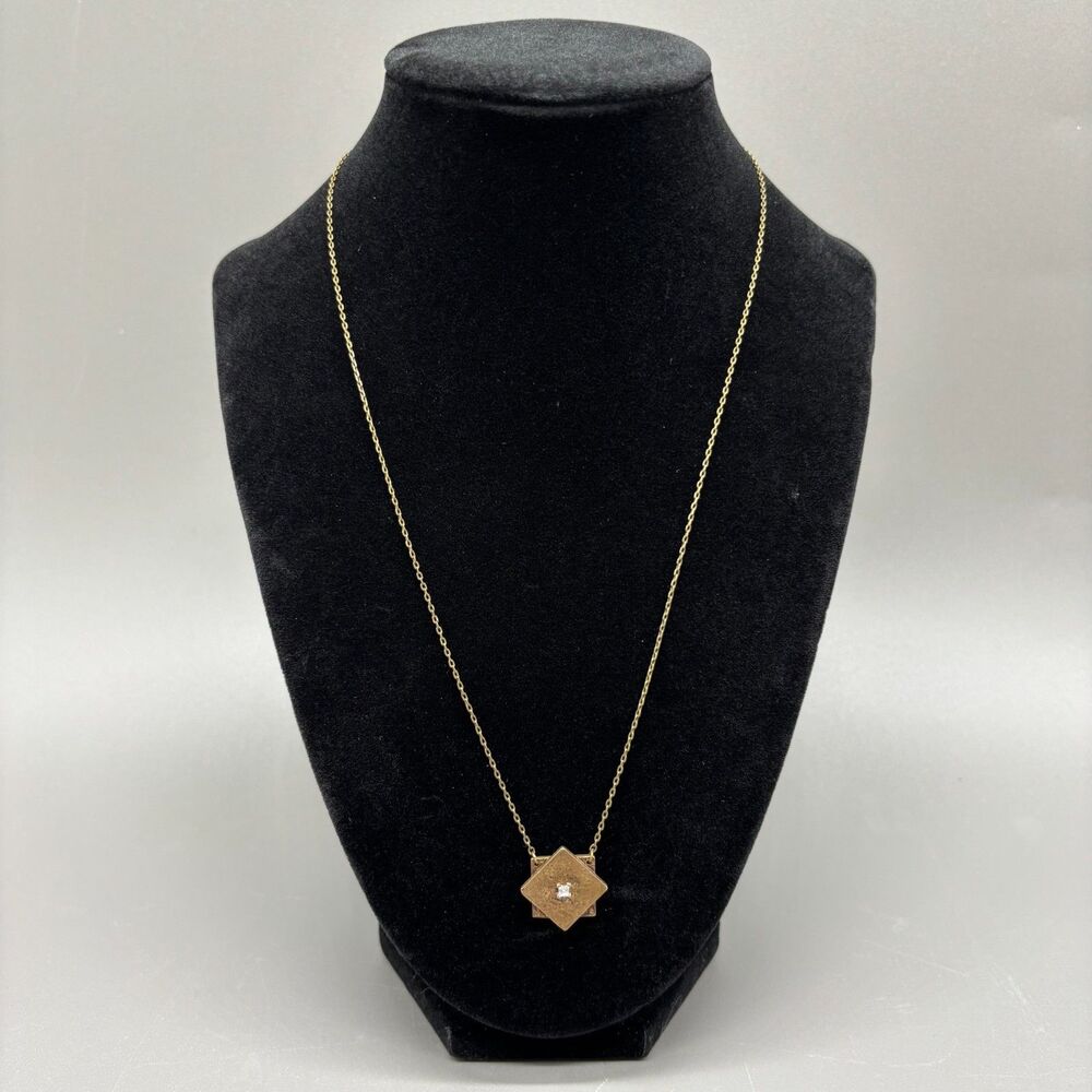 Geometric Square Pendant Necklace Brass Tone Crystal Accent Minimalist 20"